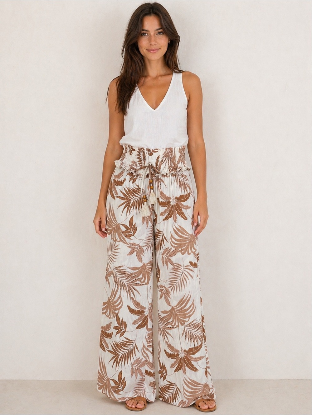 Neutral Palm-Print Wide Leg Paperbag Pants - White & Brown